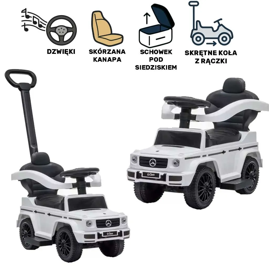 Jeździk Mercedes G-Class 653 Biały z Pchaczem Dźwięk Silnika i Klaksonu