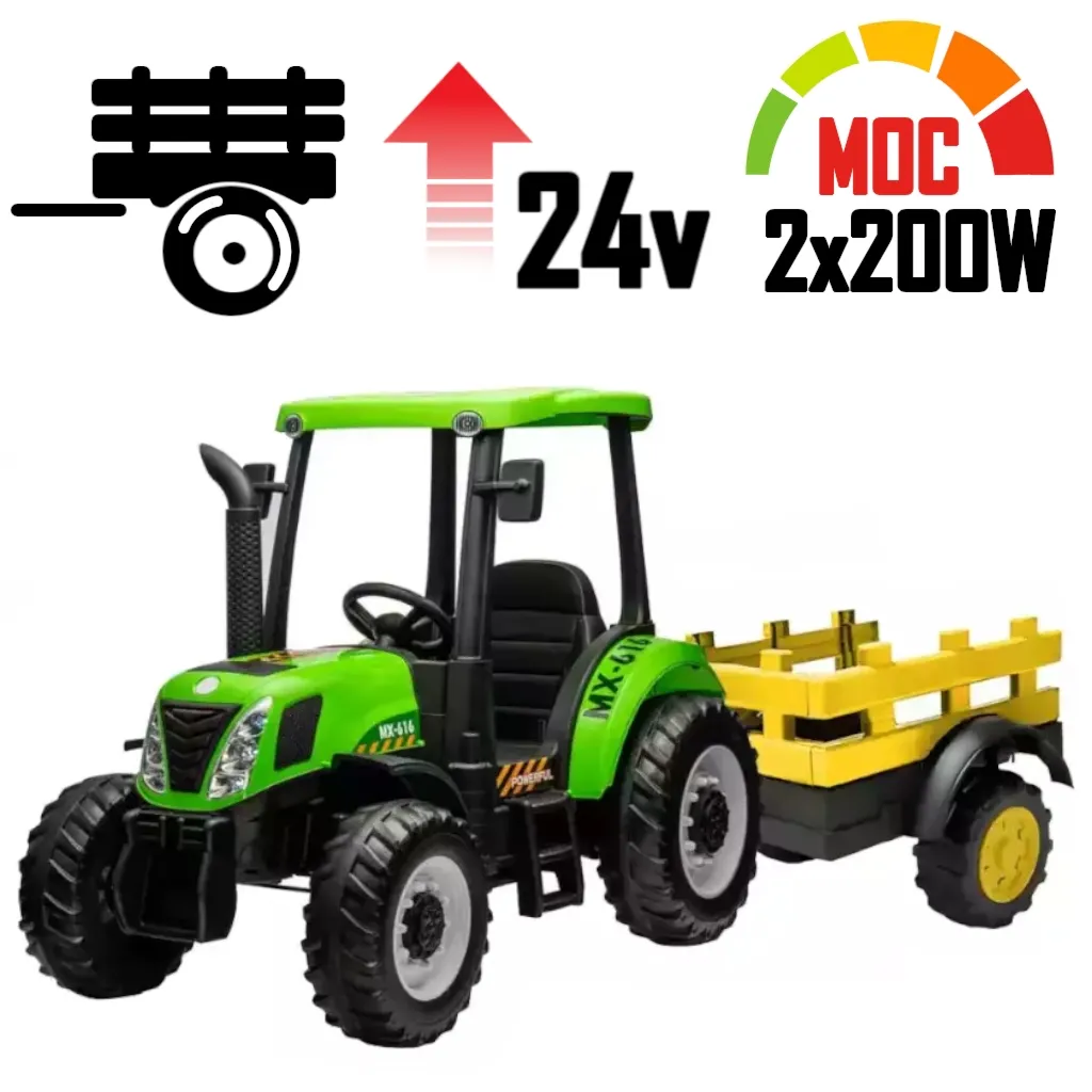 Duży Traktor Na Akumulator z przyczepą A011 Zielony 24V 400W
